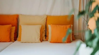 Beige and orange cushions on white sofa with plant in foreground