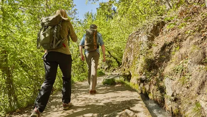 Two hikers with backpacks on a forest trail next to a stream